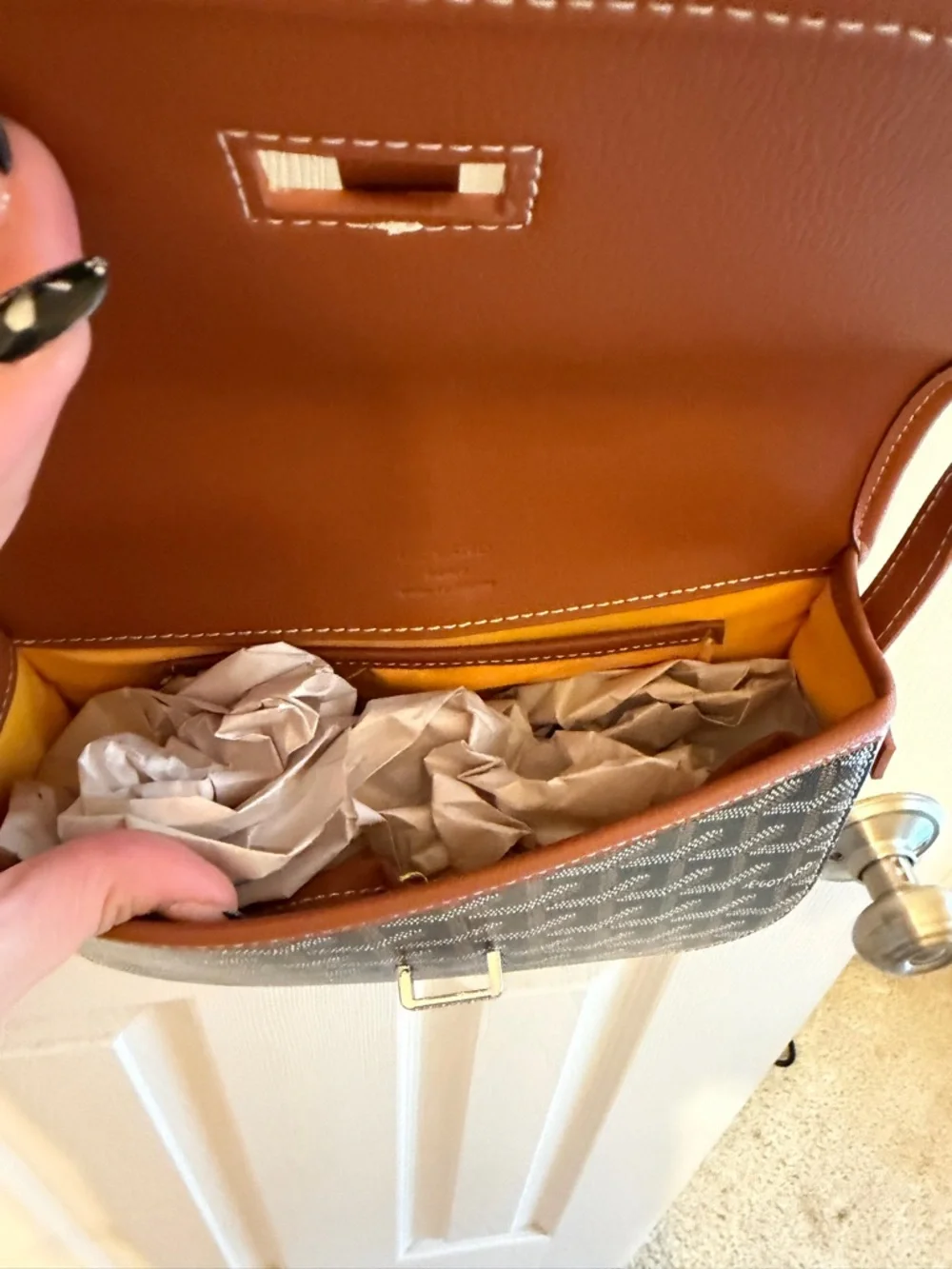 Brown Patterned Crossbody Bag with Leather Trim - Picture 4 of 4